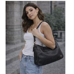 The Sak Black Leather Hobo Shoulder Bag Floral Lined Soft Slouchy